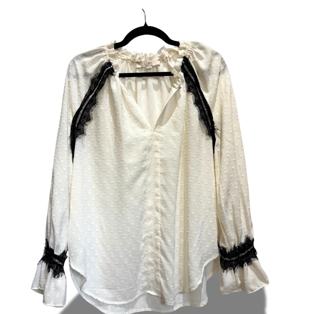 LOFT Cream Blouse with Black Lace Accents